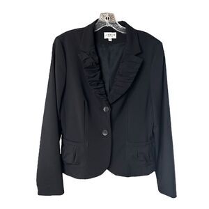 New J’ENVIE Cropped Black Blazer Ruffle Collar Button Silk Suit Jacket Womens 10